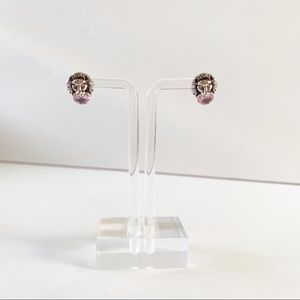 Gucci Silver Lion Head Pink Diamond Stud Earrings New
